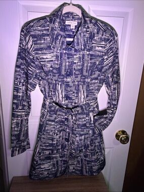 Coldwater Creek Navy and Cream Abstract Print Long-Sleeve Belted Trench Coat